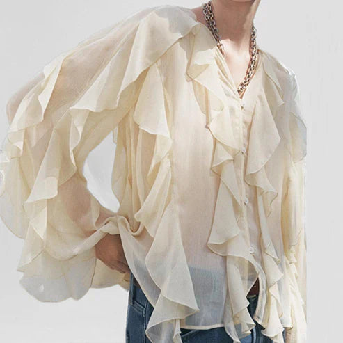 Women’s Blouse – Loose Fit – V-Neck – Long Sleeve – Layered Ruffle – Button Down