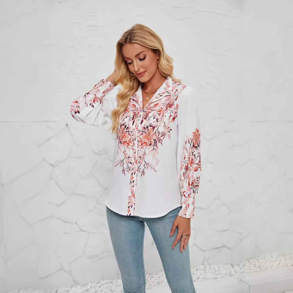 Women’s Long Sleeve Blouse – Relaxed Fit – Cotton Blend – Button Down – Floral Print