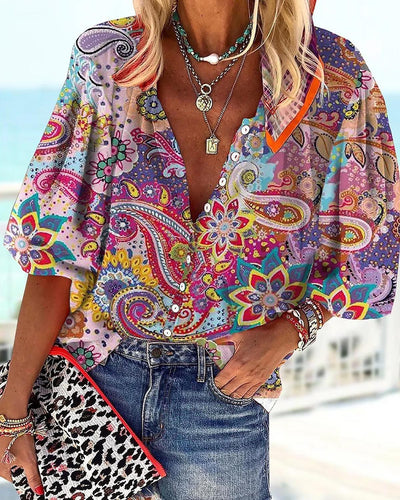 Women's Printed Boho Long Sleeve Tunic Blouse