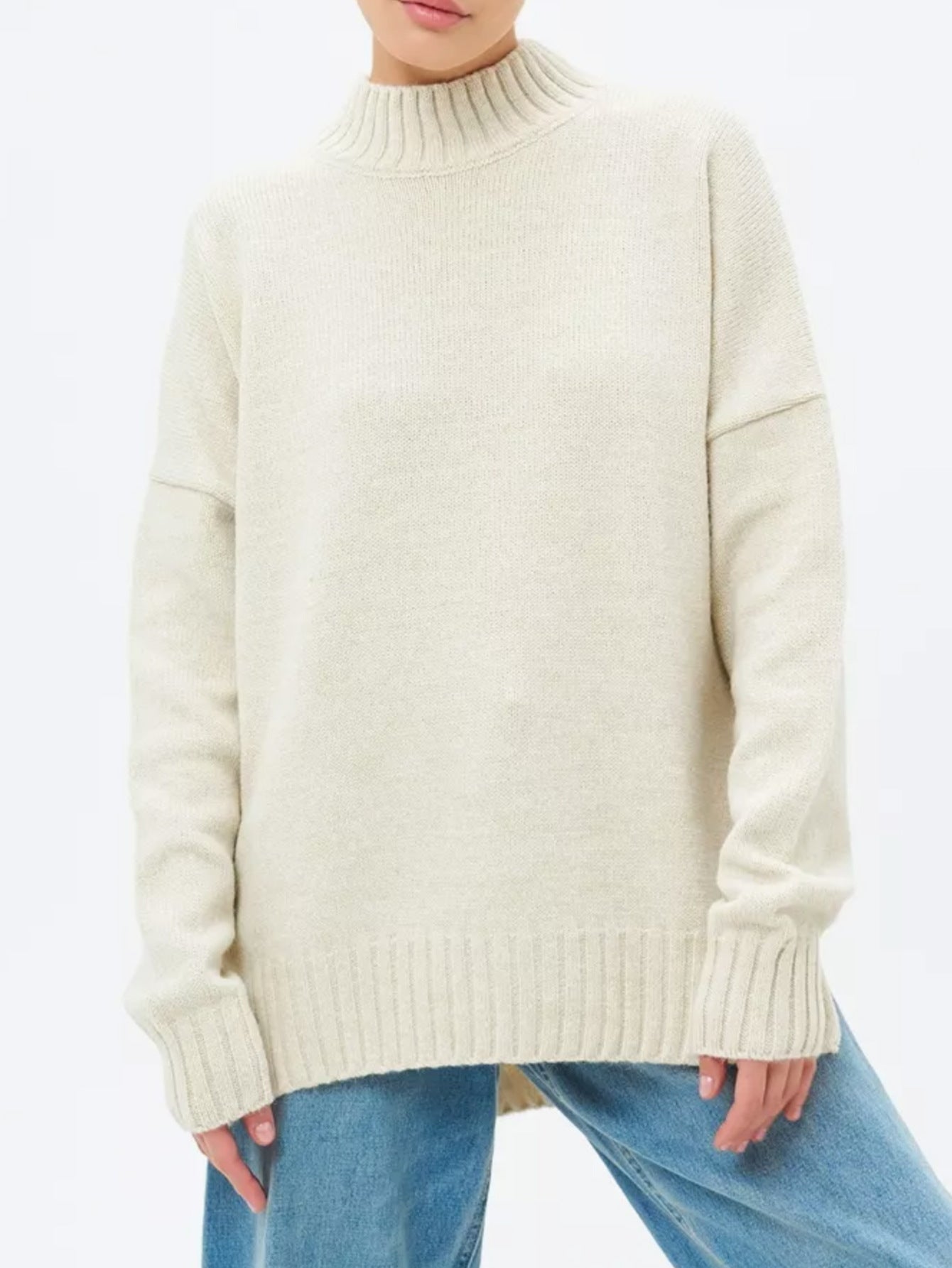 Women’s Pullover Sweater – Oversized Fit – Ribbed Knit – Semi-High Neck – Dropped Shoulder