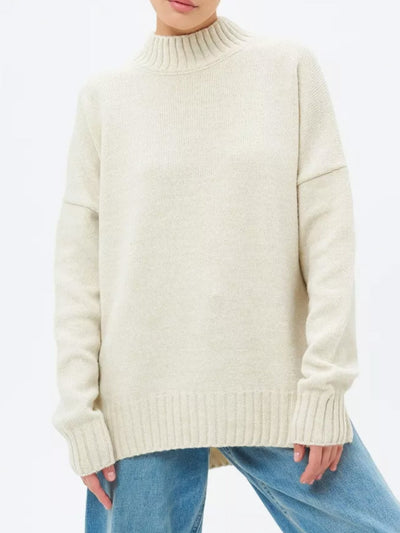 Women’s Pullover Sweater – Oversized Fit – Ribbed Knit – Semi-High Neck – Dropped Shoulder