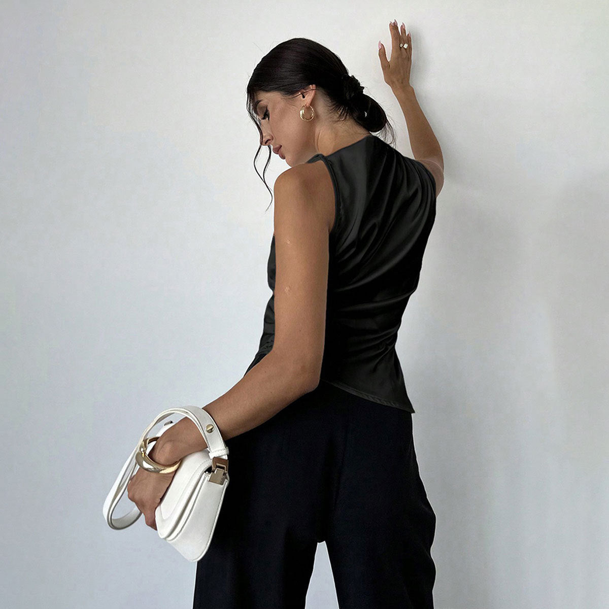 Women’s Sleeveless Blouse – Luxury Fabric – Slim Fit – High Neck – Draped Front