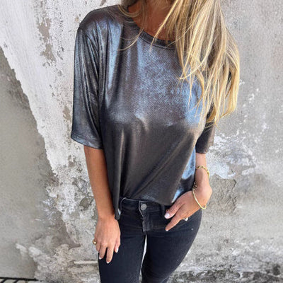 Women’s Blouse – Relaxed Fit – Shimmer Finish – Short Sleeve – Breathable Blend