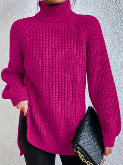 Grace | Full Size Turtle Ribbed Knit Slit Sweater