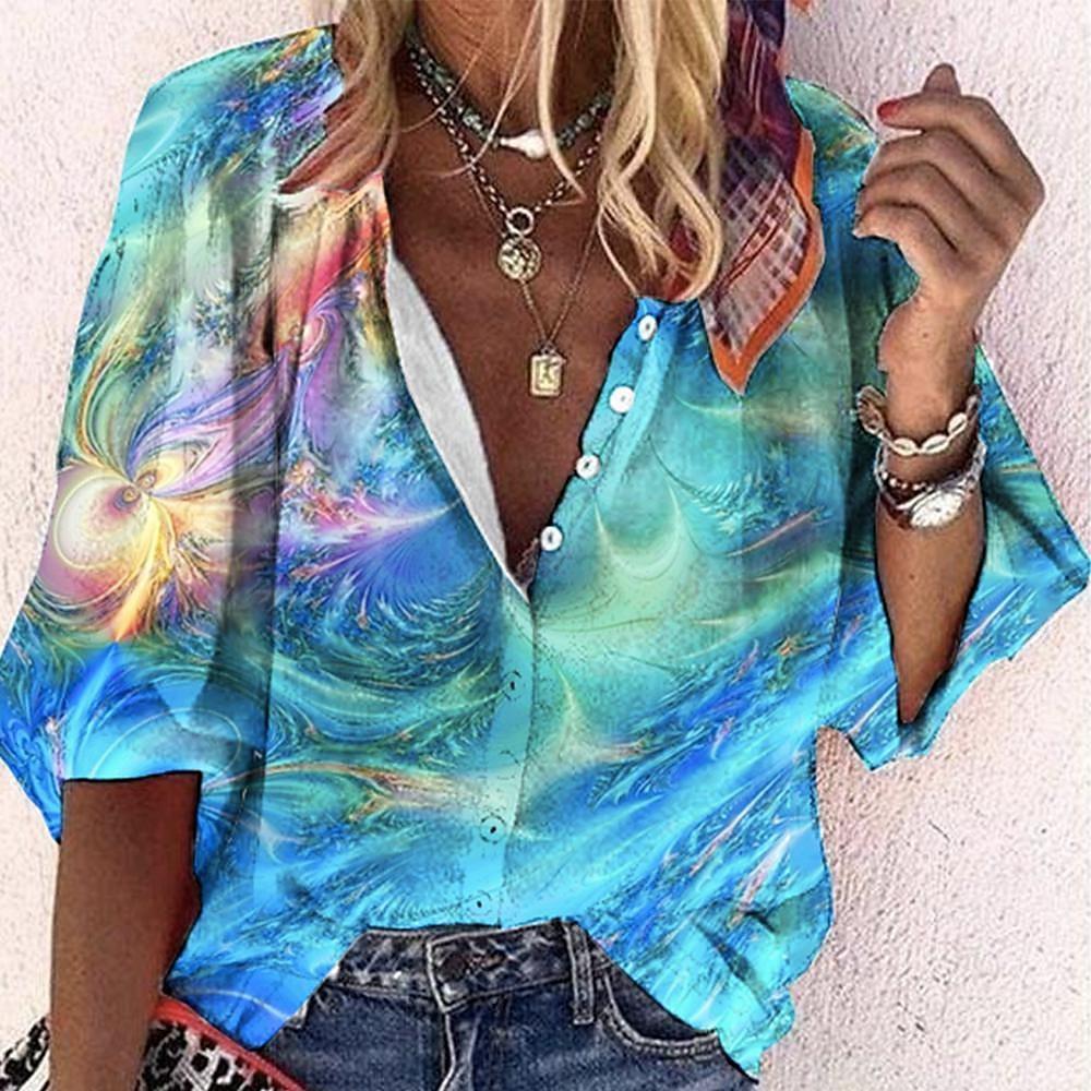 Women's Printed Boho Long Sleeve Tunic Blouse