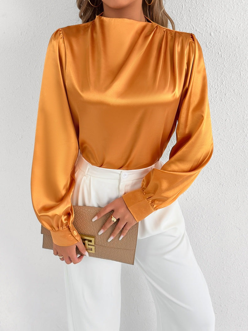 Women’s Satin Blouse – Relaxed Fit – High Neck – Long Sleeve – Minimalist Elegant Style