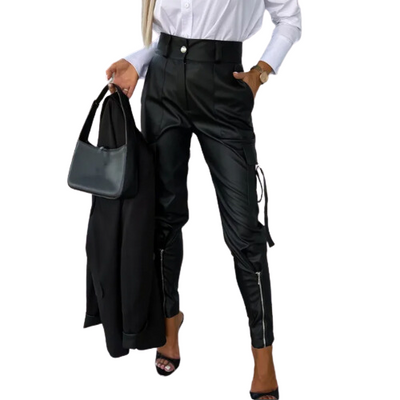 Women's Cargo Trousers - High Waisted Slim Fit - Utility Pockets - Zippered Ankles