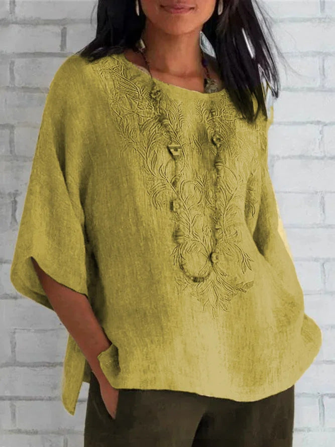 Women’s Blouse – Relaxed Fit – Embroidered Front – Short Sleeve – Natural Fibers