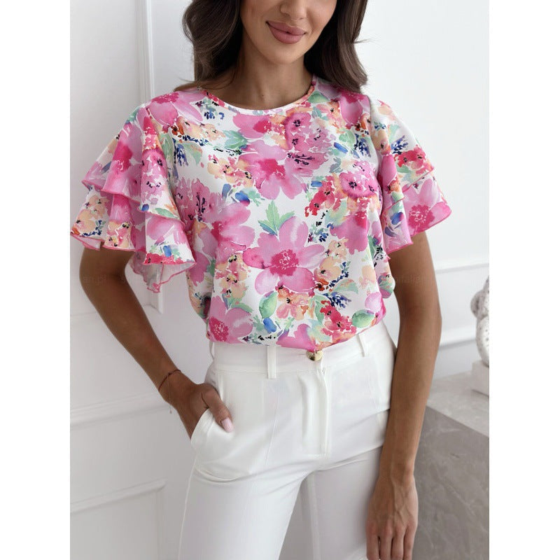Women’s Blouse – Relaxed Fit – Ruffle Sleeve – Floral Print – Breathable Blend