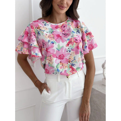 Women’s Blouse – Relaxed Fit – Ruffle Sleeve – Floral Print – Breathable Blend