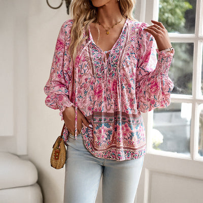 Women's Bohemian Blouse - Long Sleeve - V-Neck with Tie - Flowy Relaxed Fit