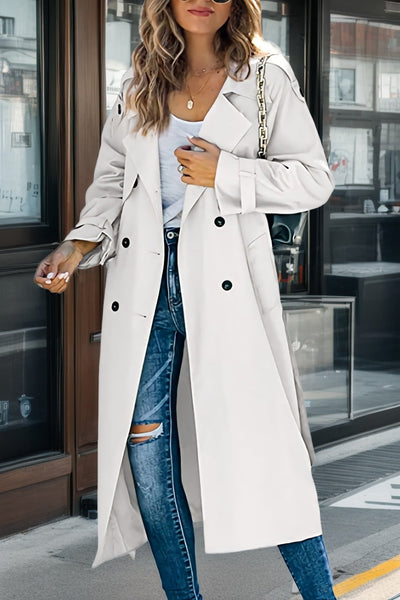 Women’s Trench Coat – Relaxed Fit – Double-Breasted – Belted Waist – Breathable Blend