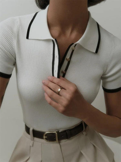 Thea | Knitted Polo Shirt - Ribbed Stretch Fabric