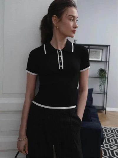 Thea | Knitted Polo Shirt - Ribbed Stretch Fabric