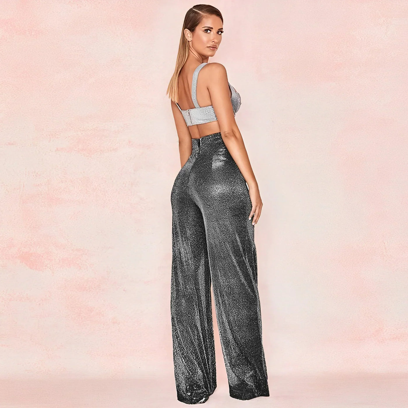 Women's High-Waisted Wide-Leg Trousers - Metallic Shimmer - Elegant Partywear