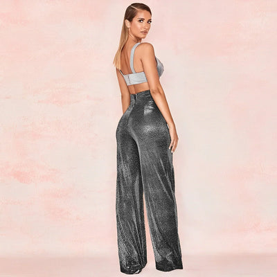 Women's High-Waisted Wide-Leg Trousers - Metallic Shimmer - Elegant Partywear