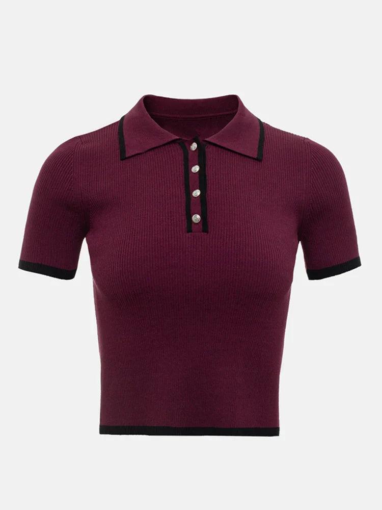 Thea | Knitted Polo Shirt - Ribbed Stretch Fabric