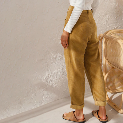 Women's Corduroy Trousers - High Waist - Straight Leg - Pleated Front - Side Pockets