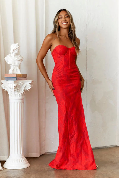 Women's Strapless Evening Prom Gown - Corset Bodice - Sweetheart Neckline - High Slit