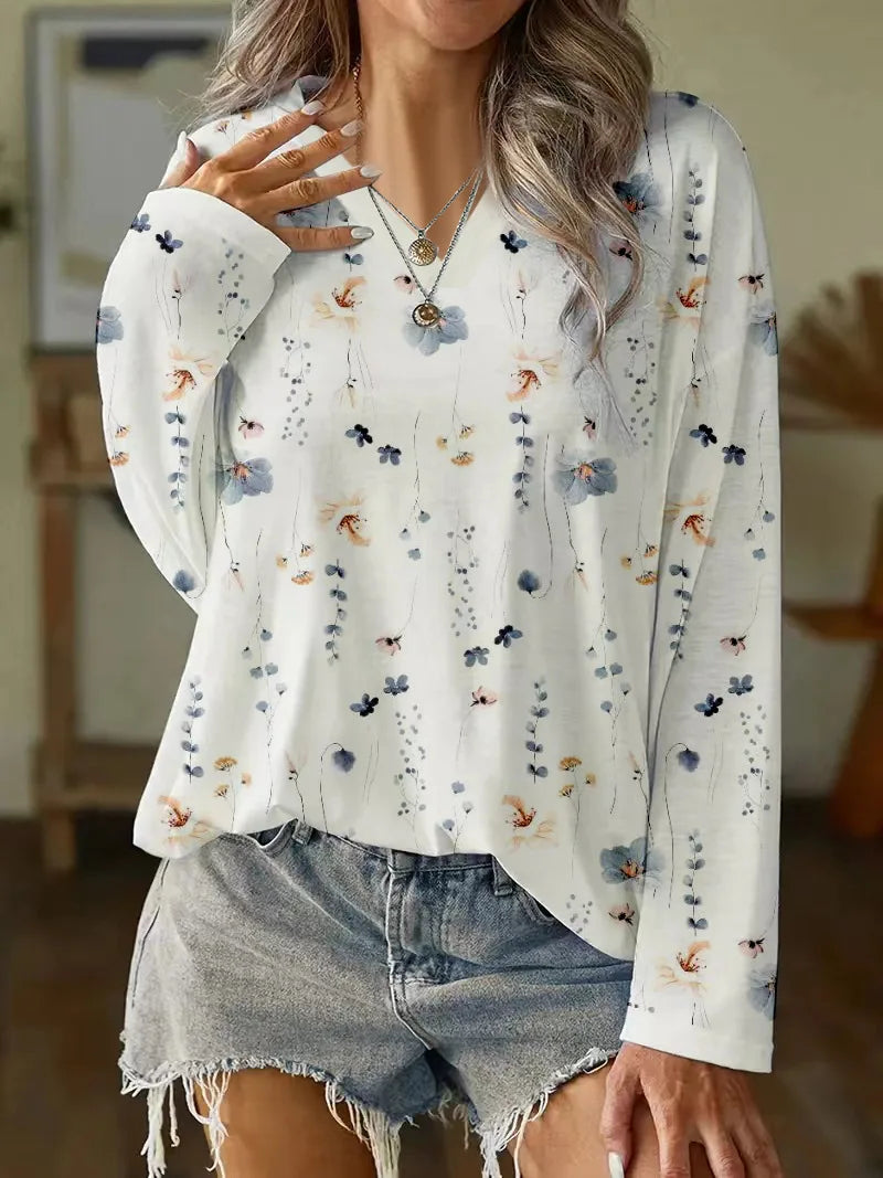 Women’s Blouse – Relaxed Fit – Long Sleeve – V-Neck – Floral Pattern – Breathable Blend