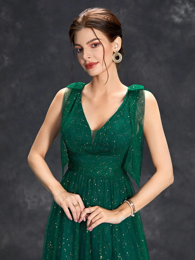 Women's Evening Prom Gown - V-Neck Sleeveless - Glitter Embellished - Floor-Length Elegant Dress