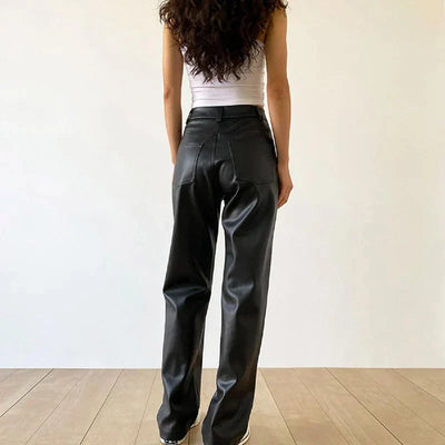 Women's Faux Leather Trousers - High Waisted - Wide Leg - Chic & Modern Fit