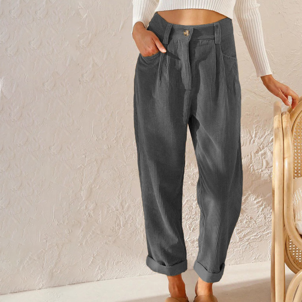 Women's Corduroy Trousers - High Waist - Straight Leg - Pleated Front - Side Pockets
