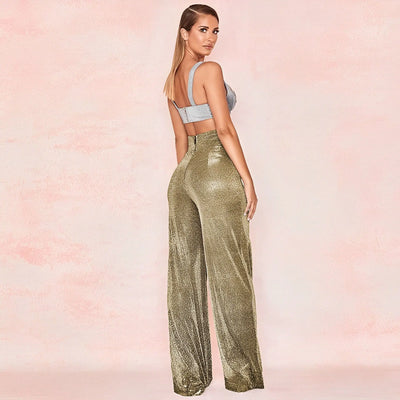 Women's High-Waisted Wide-Leg Trousers - Metallic Shimmer - Elegant Partywear