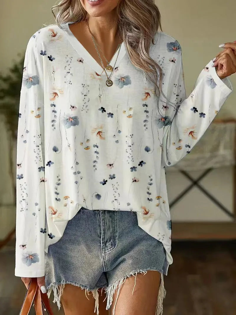 Women's V-Neck Floral Blouse - Elegant and Lightweight