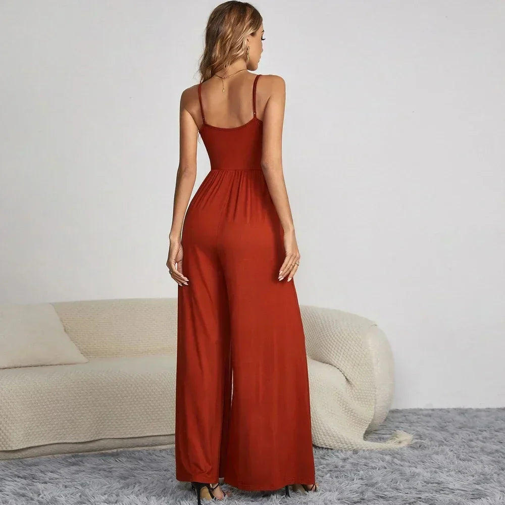 Women's Jumpsuit - Spaghetti Straps - Button Front - Fitted Bodice - Wide-Leg Trousers