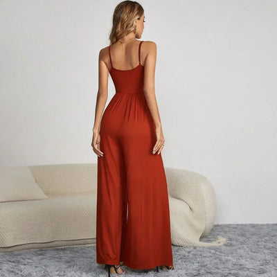 Women's Jumpsuit - Spaghetti Straps - Button Front - Fitted Bodice - Wide-Leg Trousers