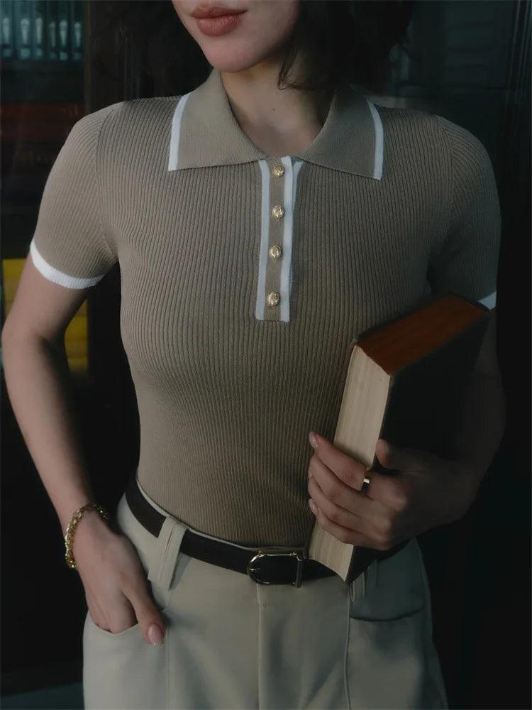 Thea | Knitted Polo Shirt - Ribbed Stretch Fabric