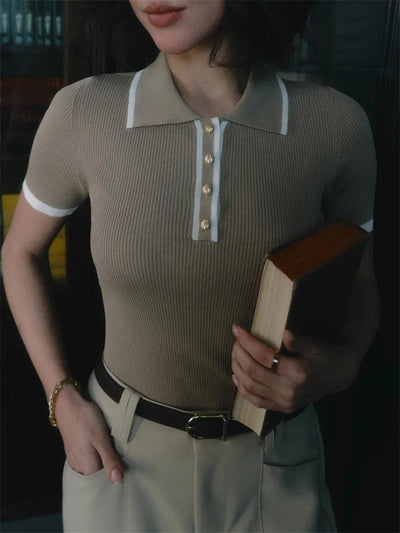 Thea | Knitted Polo Shirt - Ribbed Stretch Fabric