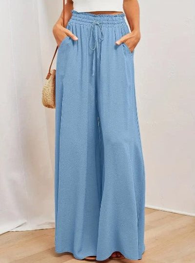 Women's Palazzo Trousers - High Waist - Wide Leg - Elastic Drawstring - Full Length