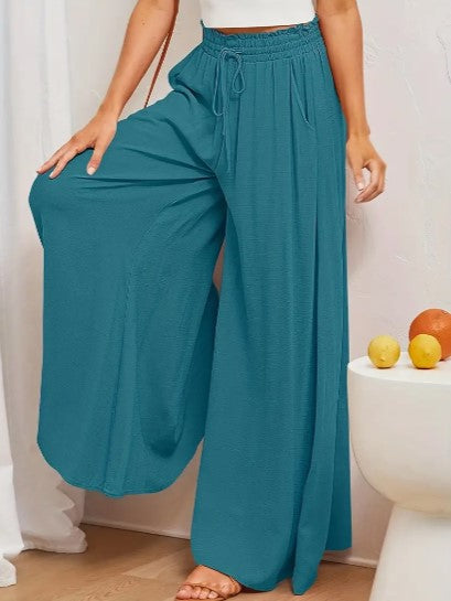 Women's Palazzo Trousers - High Waist - Wide Leg - Elastic Drawstring - Full Length
