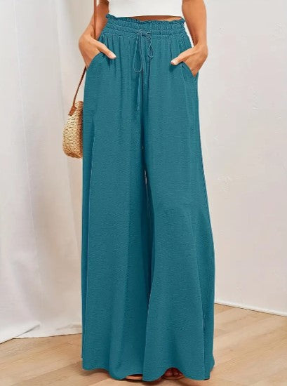 Women's Palazzo Trousers - High Waist - Wide Leg - Elastic Drawstring - Full Length