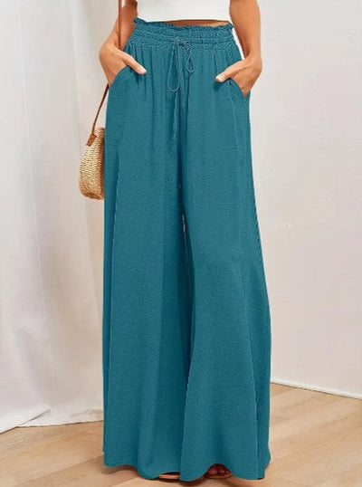 Women's Palazzo Trousers - High Waist - Wide Leg - Elastic Drawstring - Full Length