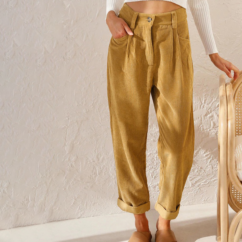 Women's Corduroy Trousers - High Waist - Straight Leg - Pleated Front - Side Pockets