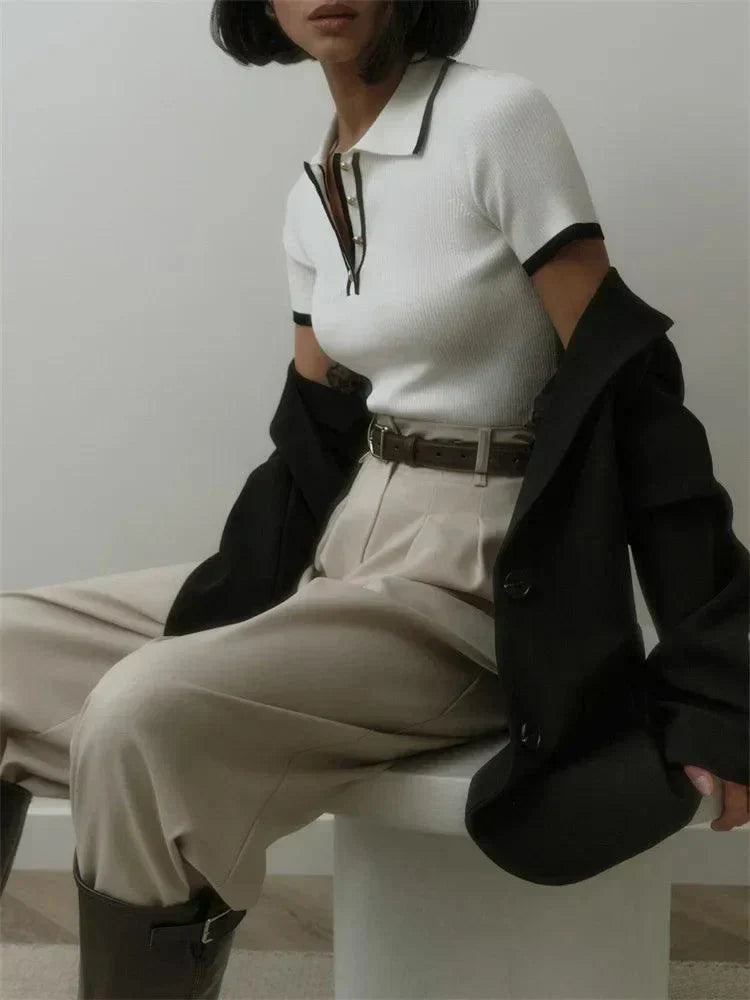 Thea | Knitted Polo Shirt - Ribbed Stretch Fabric