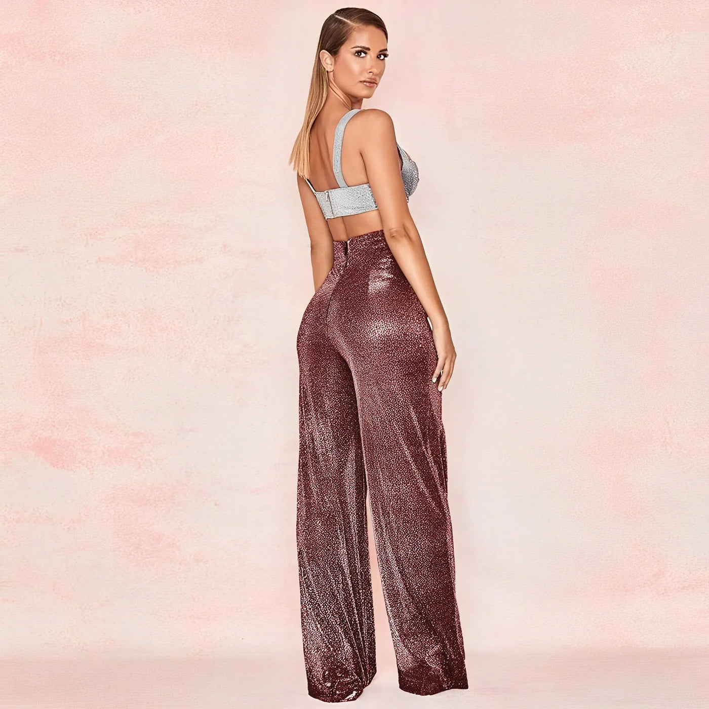 Women's High-Waisted Wide-Leg Trousers - Metallic Shimmer - Elegant Partywear