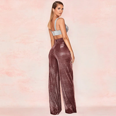 Women's High-Waisted Wide-Leg Trousers - Metallic Shimmer - Elegant Partywear