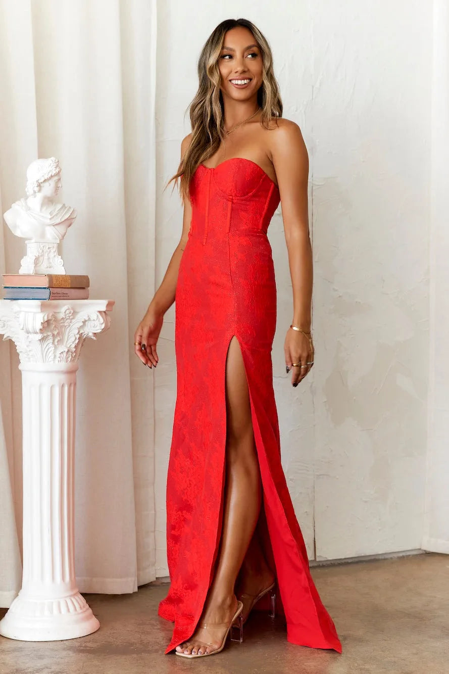 Women's Strapless Evening Prom Gown - Corset Bodice - Sweetheart Neckline - High Slit
