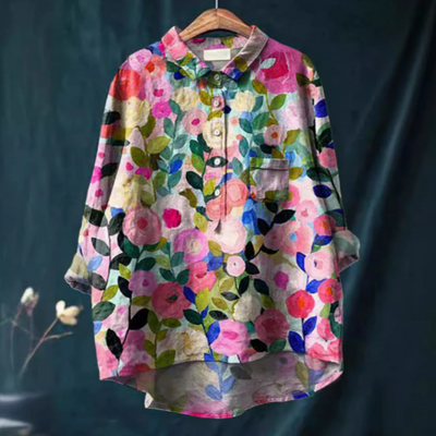 Women’s Blouse – Relaxed Fit – Floral Print – Natural Fibers – Button Front Collar