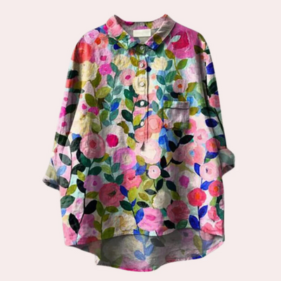 Women’s Blouse – Relaxed Fit – Floral Print – Natural Fibers – Button Front Collar