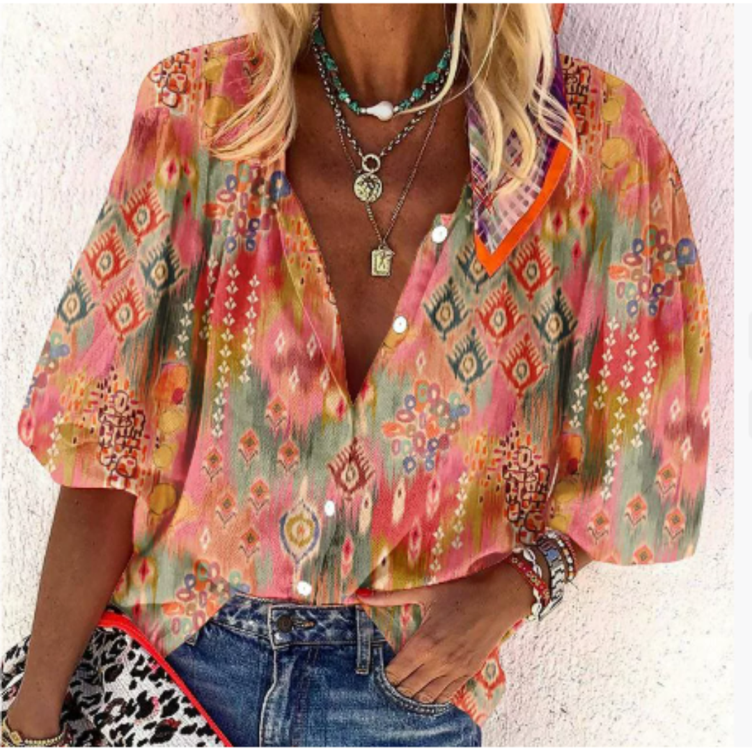 Women’s Blouse – Relaxed Fit – Breathable Blend – Puff Sleeve – Button-Up Boho Style
