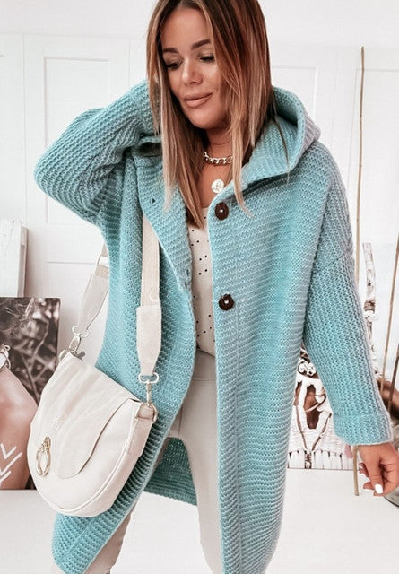 Knitted Hoodie Cardigan with Buttons | Warm Winter Long-Sleeve Sweater Coat