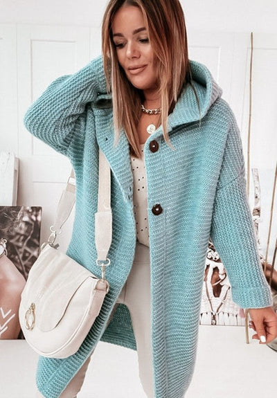 Knitted Hoodie Cardigan with Buttons | Warm Winter Long-Sleeve Sweater Coat