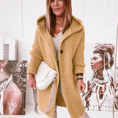 Knitted Hoodie Cardigan with Buttons | Warm Winter Long-Sleeve Sweater Coat