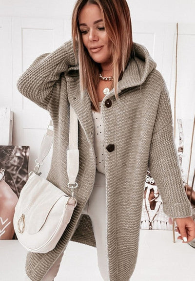 Knitted Hoodie Cardigan with Buttons | Warm Winter Long-Sleeve Sweater Coat