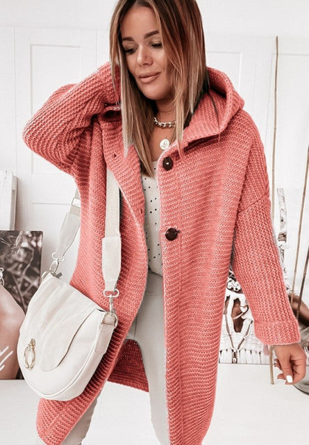 Knitted Hoodie Cardigan with Buttons | Warm Winter Long-Sleeve Sweater Coat